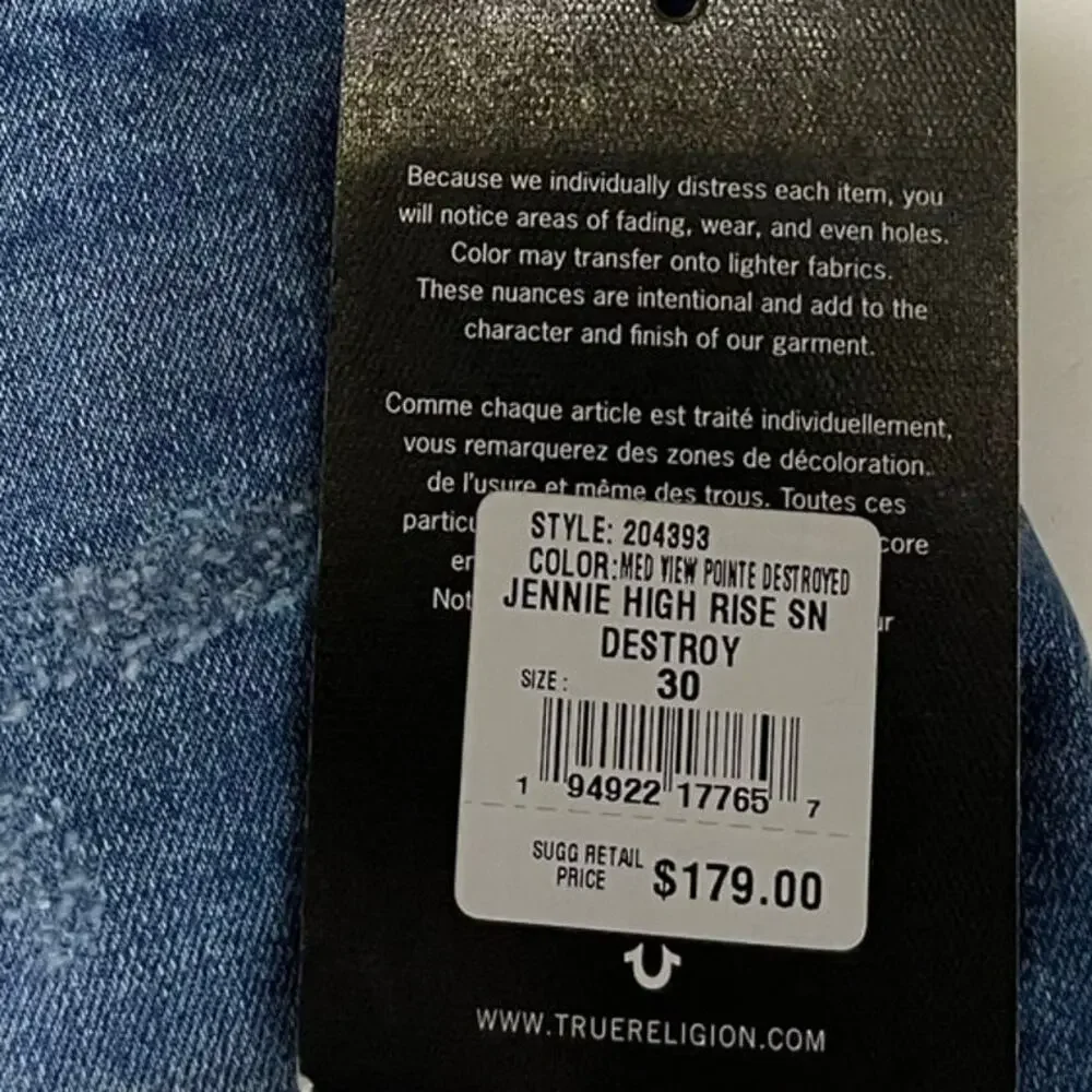 True Religion Women Jennie Curvy World‎ Tour Distressed Skinny Jeans High New